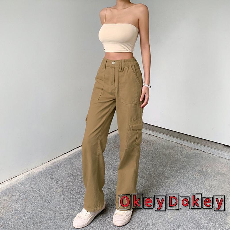 OKDK-Quần vận chuyển hàng hóa thời trang nữ Quần jean cạp cao khóa thẳng có túi