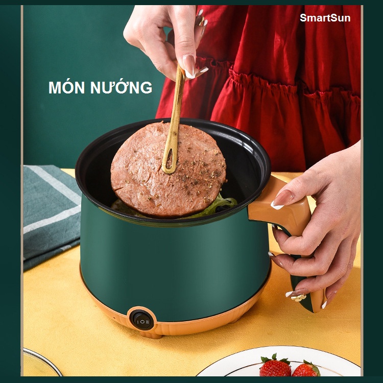 Nồi Lẩu Điện Mini 18cm, Nồi Điện Đa Năng 2 Tầng Chống Dính (Rán, Chiên, Xào, Hấp) Tặng Kèm Xửng Hấp - Gia dụng SmartSun