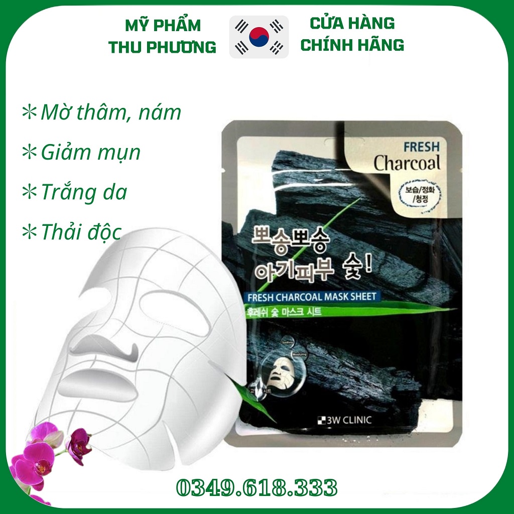 Mặt nạ giấy Than Hoạt Tính - Mặt Nạ dưỡng trắng ẩm da Mỹ phẩm hàn quốc cao cấp 3W CLINIC FRESH CHARCOAL MASK SHEET
