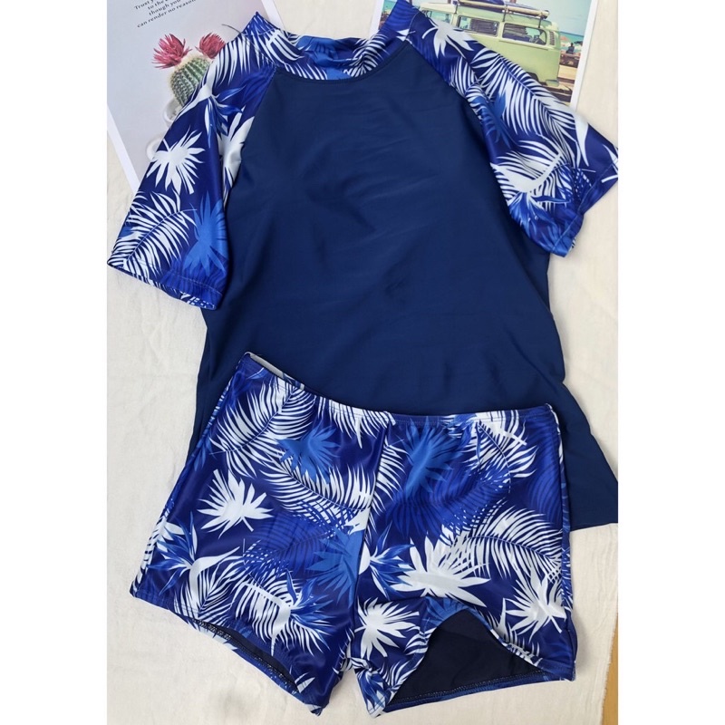 [ SALE LẤY TƯƠNG TÁC] Bikini 2 mảnh tay ngắn quần đùi hoạ tiết hoa lá kín đáo