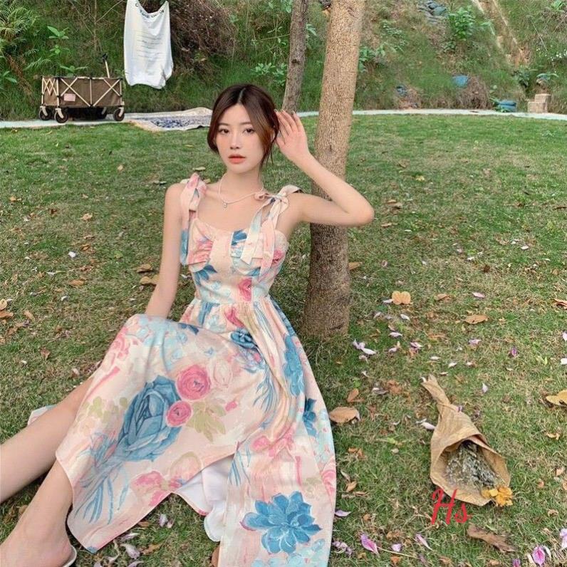 Đầm Nữ 2 Dây Hoa Hồng Hoa Eo Thun Dáng Dài Q050_Trùm Sỉ Đà Nẵng