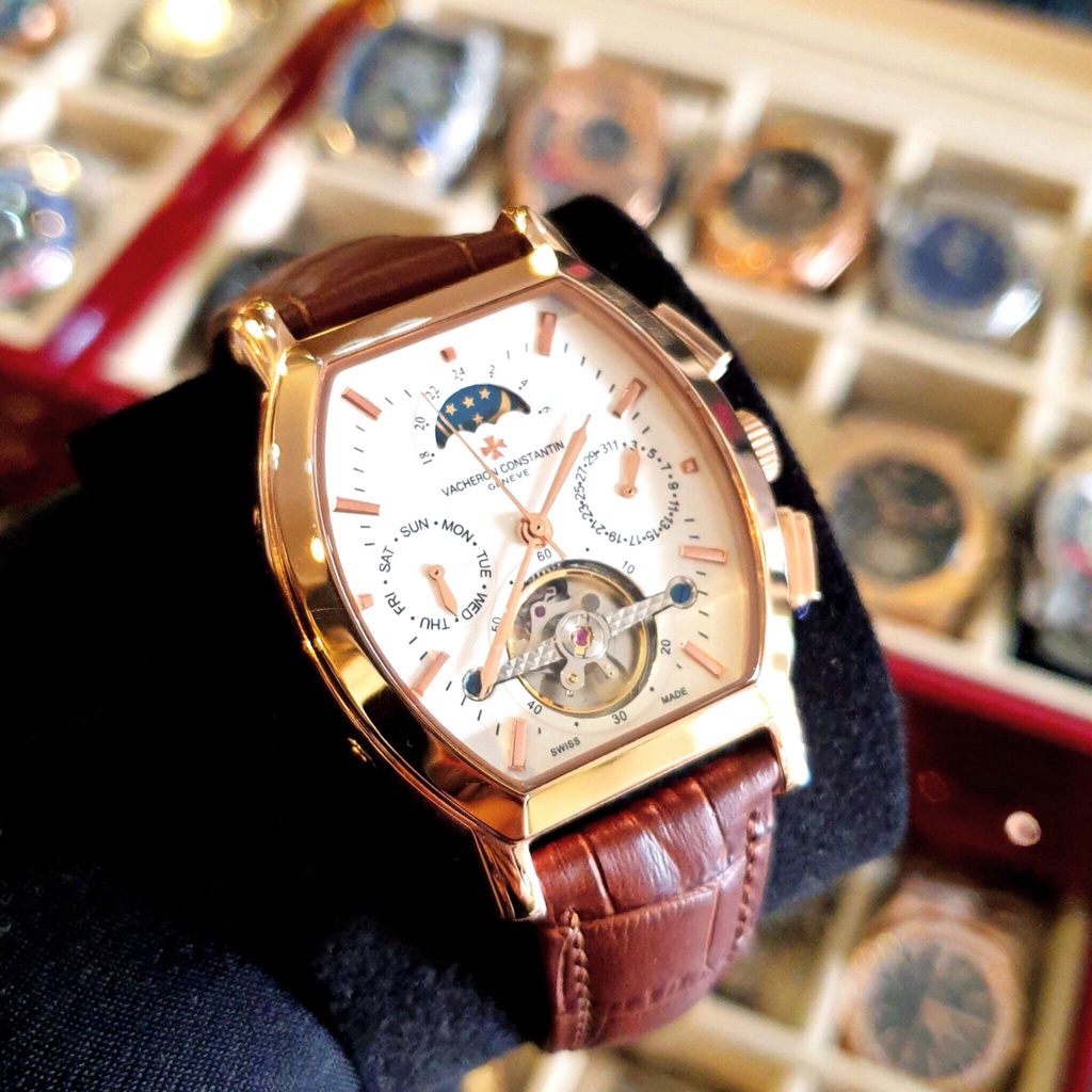 Đồng hồ Nam máy nhật, mẫu mặt vuông lịch tuần trăng, mặt đen viền trắng, dòng cơ Automatic + Thẻ Bảo Hành