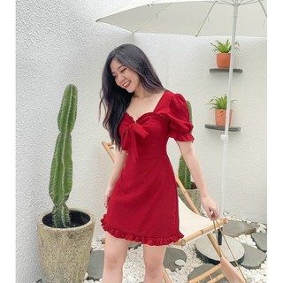 Đầm đỏ viền bèo nơ cổ (kèm hình thật)