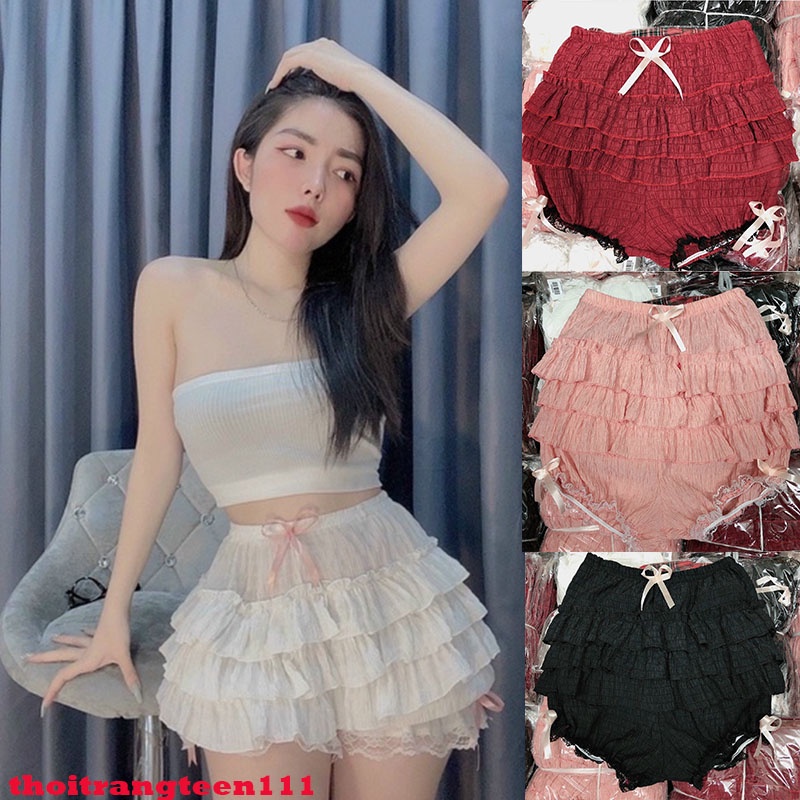Quần short nữ nhiều tầng phối viền ren đính nơ nhiều màu kèm hình thật N16