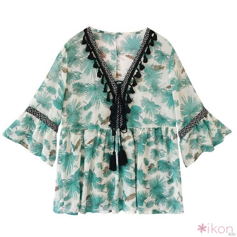 Áo sơ mi kiểu nữ vải chiffon cổ tim hoạ tiết hoa dáng rộng thoải mái