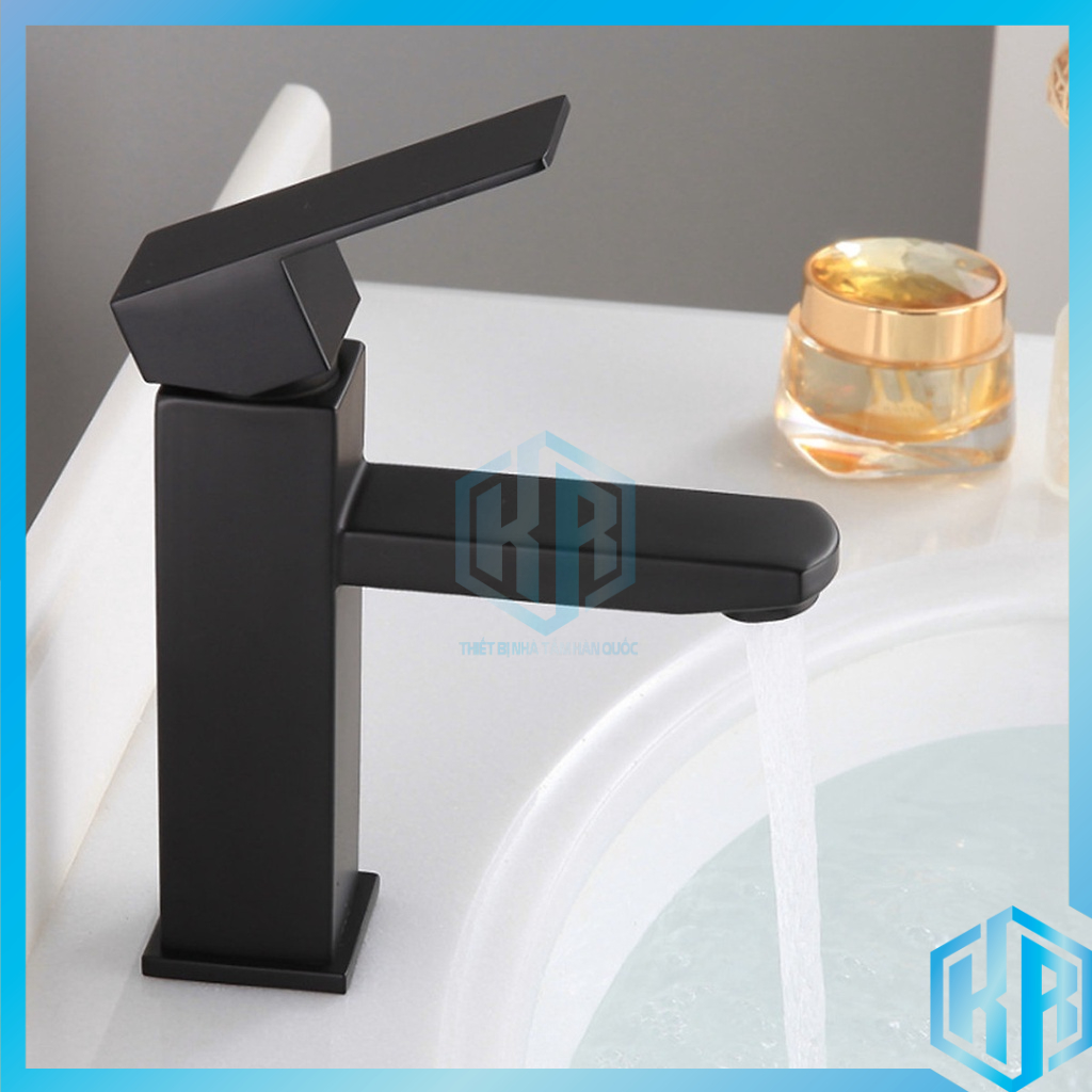 Vòi lavabo nóng lạnh inox 304 trụ vuông 18cm MÀU ĐEN nhờ lớp sơn tĩnh điện cao cấp, sang trọng, lịch lãm