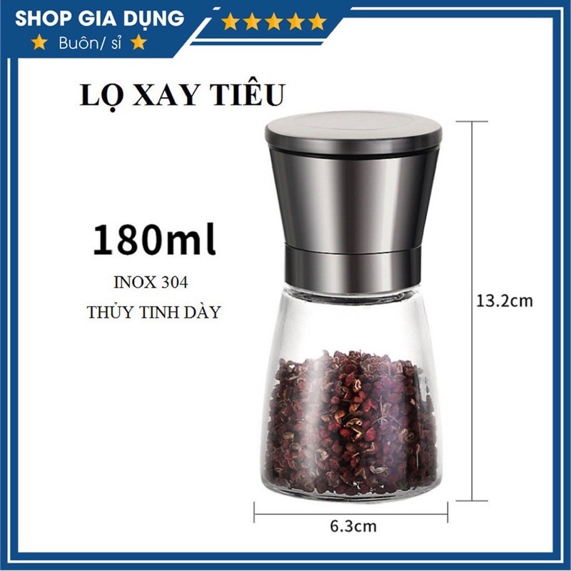 Lọ xay tiêu inox 304 dung tích 180ml, cối xay tiêu văn tay tiện lợi