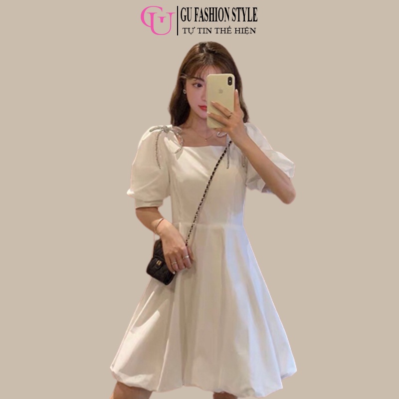Đầm Babydoll Nữ Midi Cổ Vuông Nơ Cài 2 Bên Vai Kim Sa Chất Liệu Vải Thô Dày Đẹp 2 Màu Trắng Đen GU027 - GU FASHION STYLE