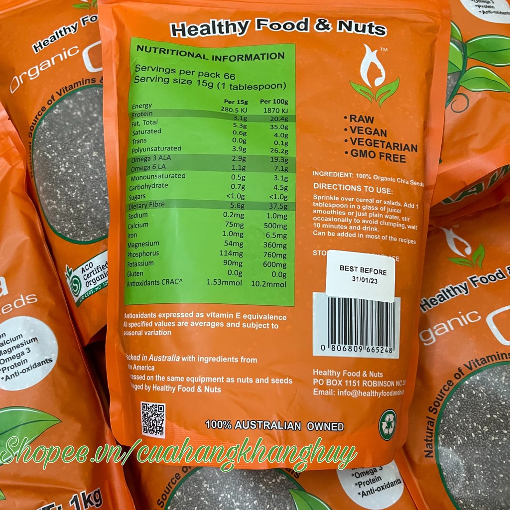 Hạt Chia Hữu Cơ HEALTHY FOOD &amp; NUTS 1 kg (nhập nguyên túi từ Úc, sử dụng trước 31/01/2023)