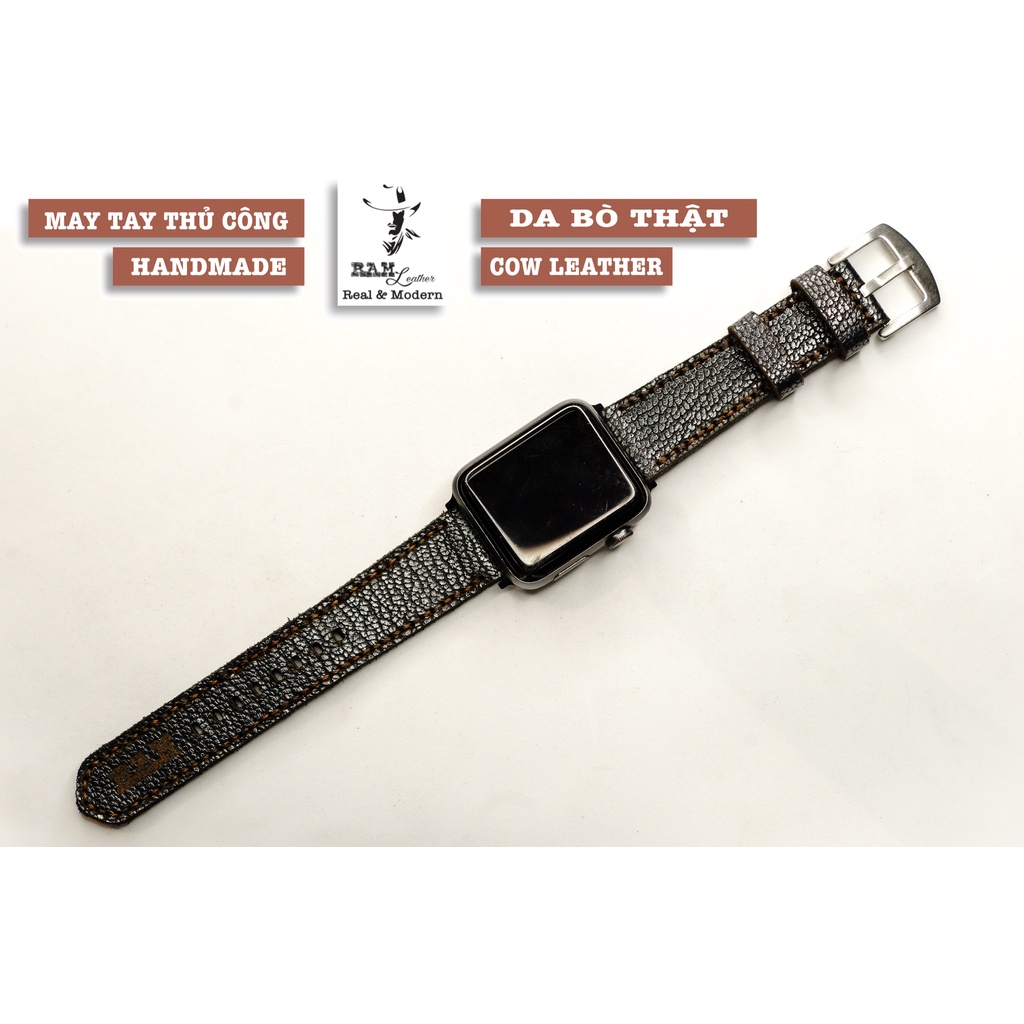 Dây Apple Watch , iWatch , iphone Watch da bò vân cá mập vintage RAM Leather classic 1956 đen thép