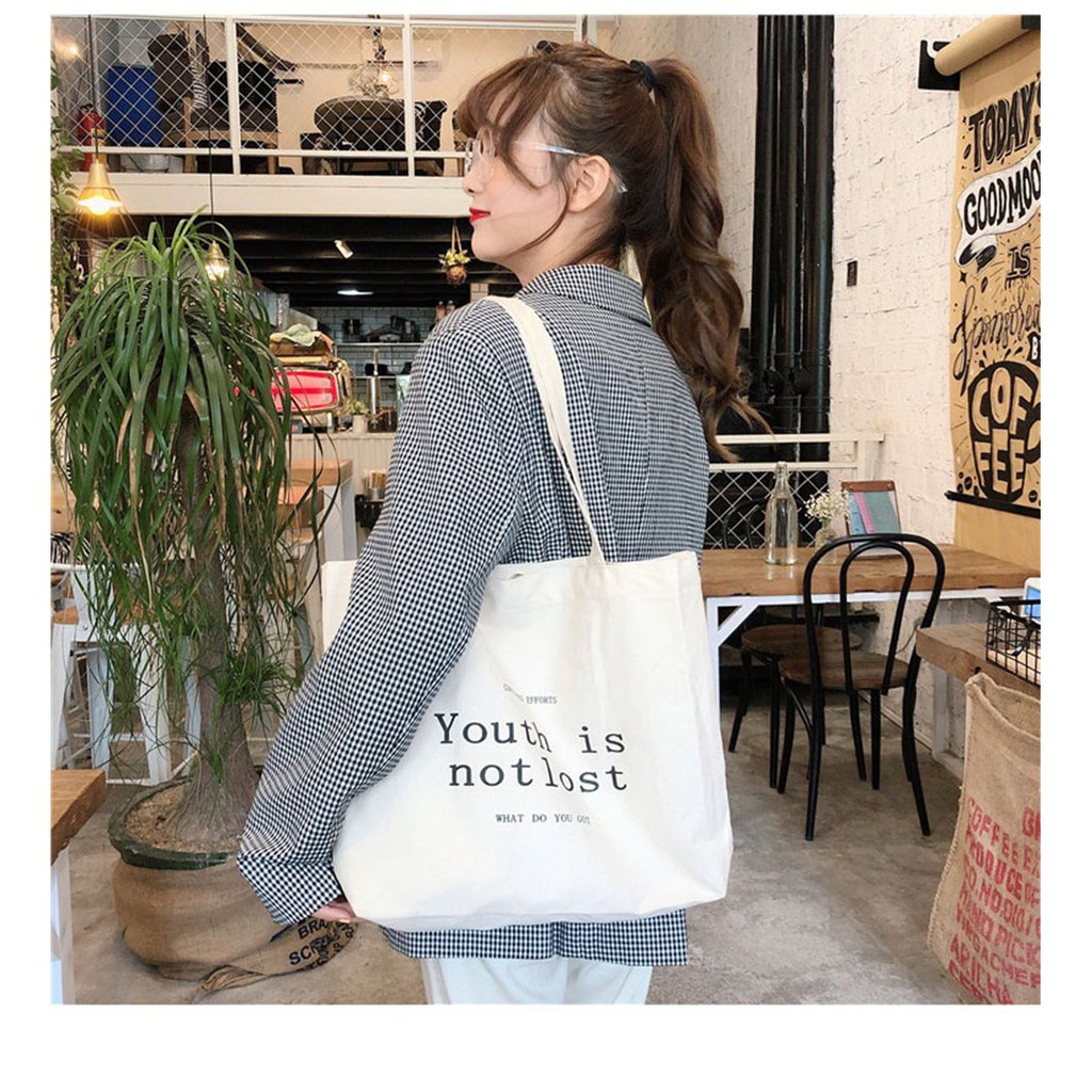 Túi vải tote canvas phong cách Hàn Quốc in chữ Youth it not lost