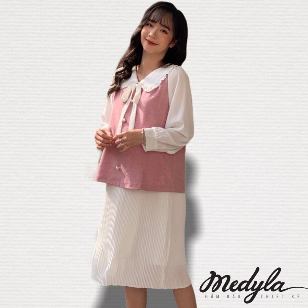 MEDYLA - Váy Bầu Thu Đông 2 lớp nỉ chun xếp ly cho bầu mùa đông ấm áp - VS397