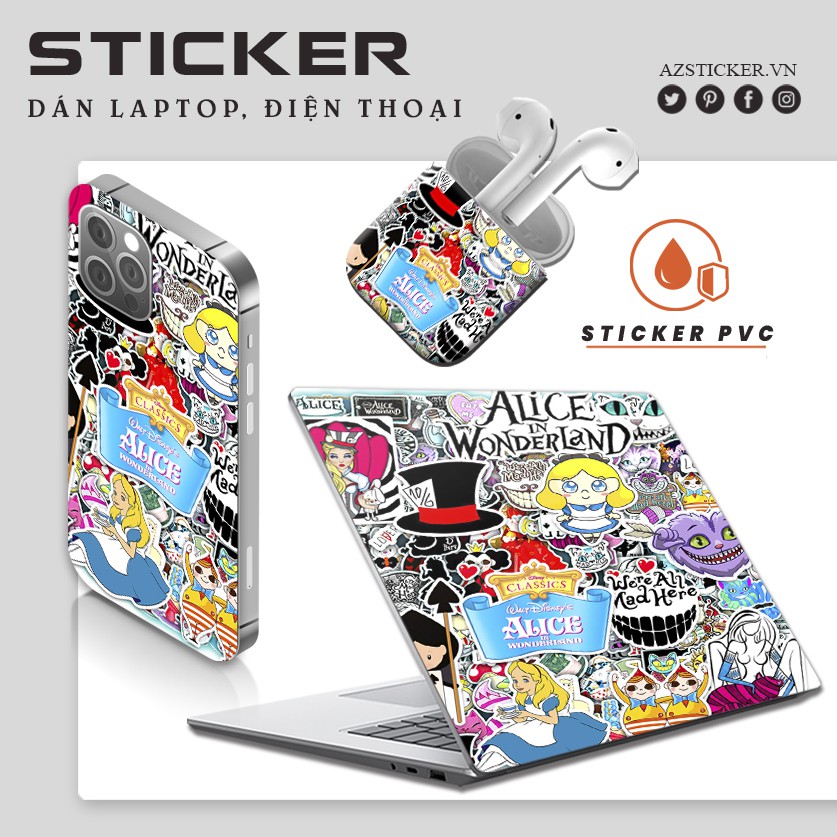 [ Hot ] Sticker Alice Sứ Sở Thần Tiên | Chất Liệu PVC 5 Lớp Chống Nước, Chống Bay Màu | Trang Trí Đồ Dùng Cá Nhâ | STK56