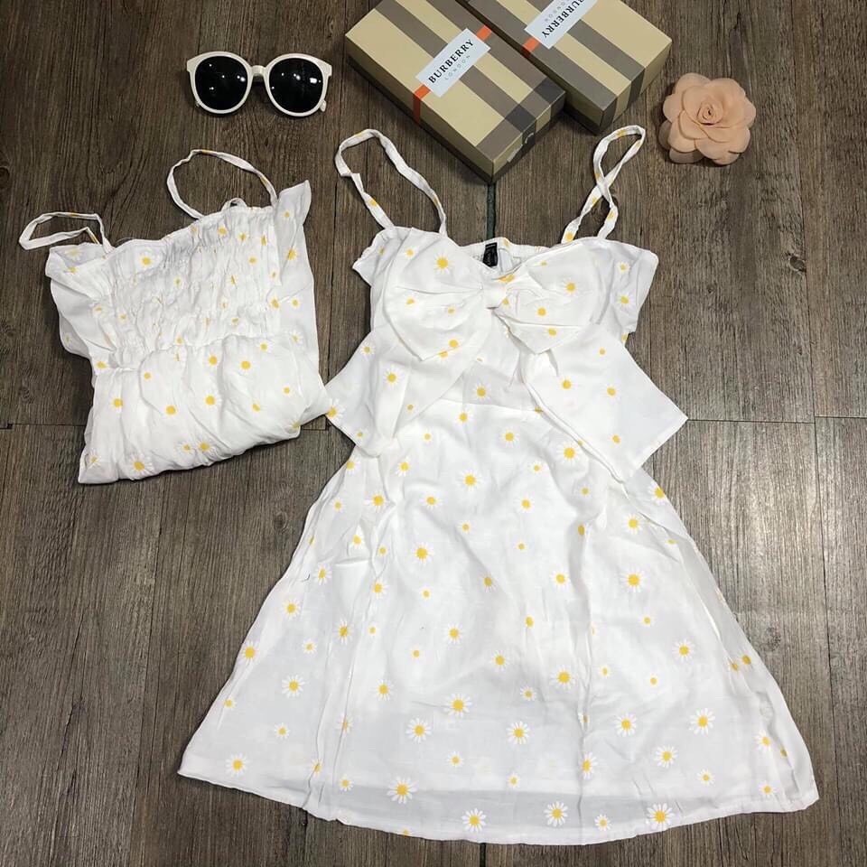 Váy đầm nữ hai dây hoa cúc, cúc họa mi trắng tinh khôi kết nơ trước ngực thích hợp mặc đi chơi, đi tiệc | BigBuy360 - bigbuy360.vn