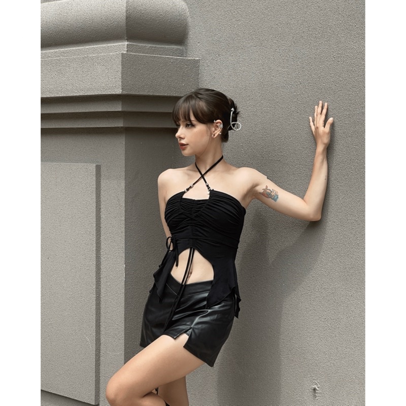 Áo quây ngực Croptop dây rút ngực Áo ống Buộc dây cổ dạng yếm Sexy ôm body Đen Gợi cảm Quyến rũ