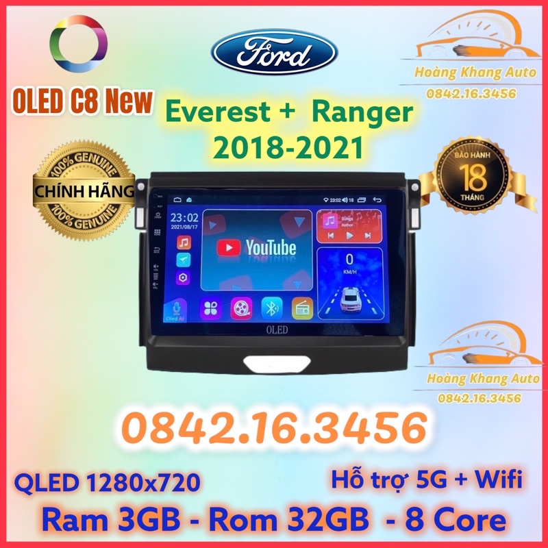 Màn hình android OLED C8 New theo xe Ranger + Everest 2018 - 2021  kèm dưỡng và jack nguồn zin theo xe