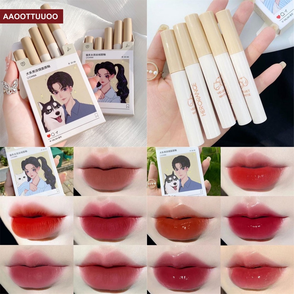 Bộ 5 son kem lì mịn mượt như nhung hình điếu thuốc hoạt hình dễ thương