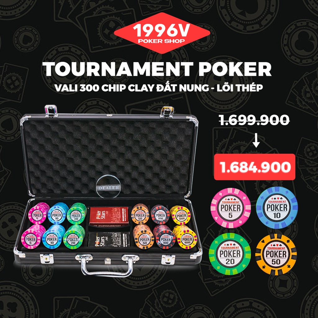 Vali 300 chip Poker có số, phỉnh Tournament Poker chip set Pocker đất nung - 1996V Poker Shop