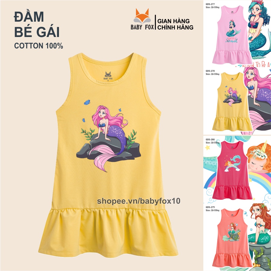 Váy đầm bé gái thun 100% cotton vải tốt, thương hiệu BABY FOX, in nàng tiên cá, size nhỏ, trung, đại c