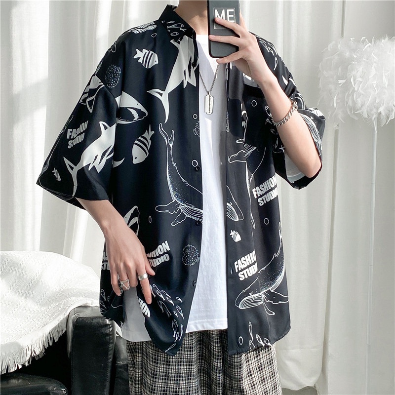 Short Sleeve Shirt With Cartoon Shark Print Korean Style Summer Fashion For Men 2022