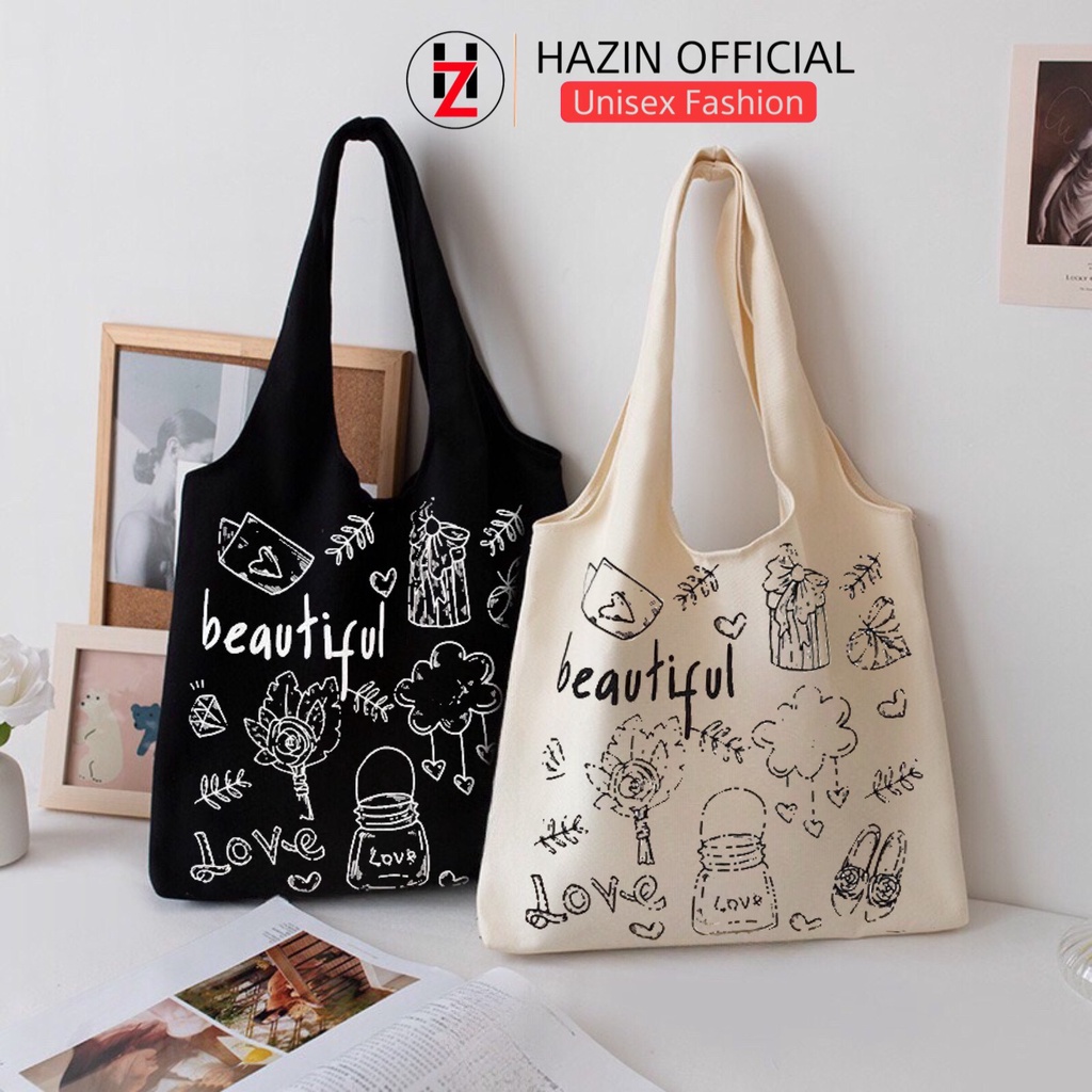 Túi tote Hazin vải canvas nữ đựng vừa laptop cỡ lớn đeo vai đi học đi làm phong cách ulzzang