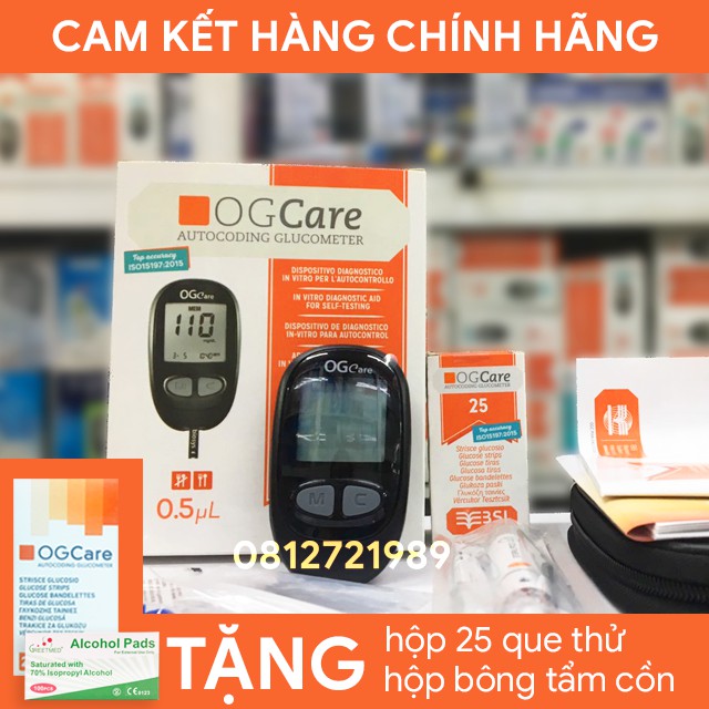 Máy đo đường huyết OGCare Chính Hãng - Ý -Tặng kèm 01 hộp 25 que, 01 hộp 100 bông tẩm cồn