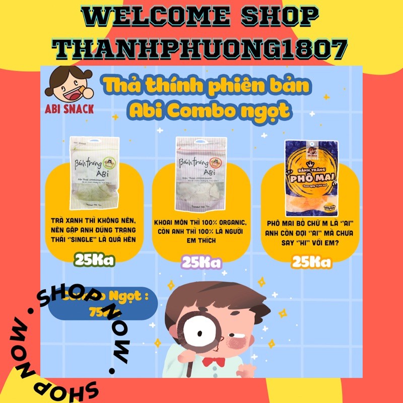 Combo Ngọt 3 bịch bánh tráng Abi (1 Phô Mai 1 Trà Xanh 1 Khoai Môn ) Ăn Chay Được