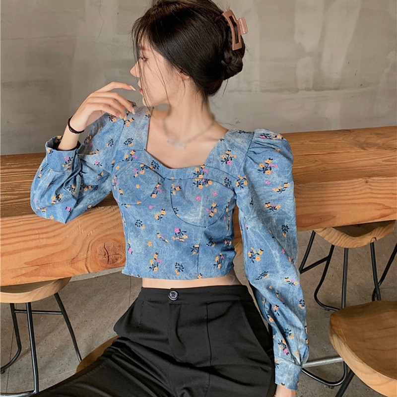 Áo denim cổ vuông tay dài họa tiết hoa sành điệu trẻ trung cho nữ | BigBuy360 - bigbuy360.vn