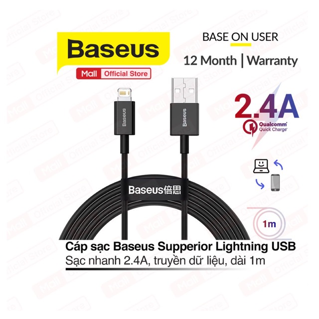 Cáp sạc Baseus Superior Series USB to Lightning tốc độ sạc 2.4A , hỗ trợ truyền dữ liệu 480Mbps, dây nhựa dẻo, dài 1m