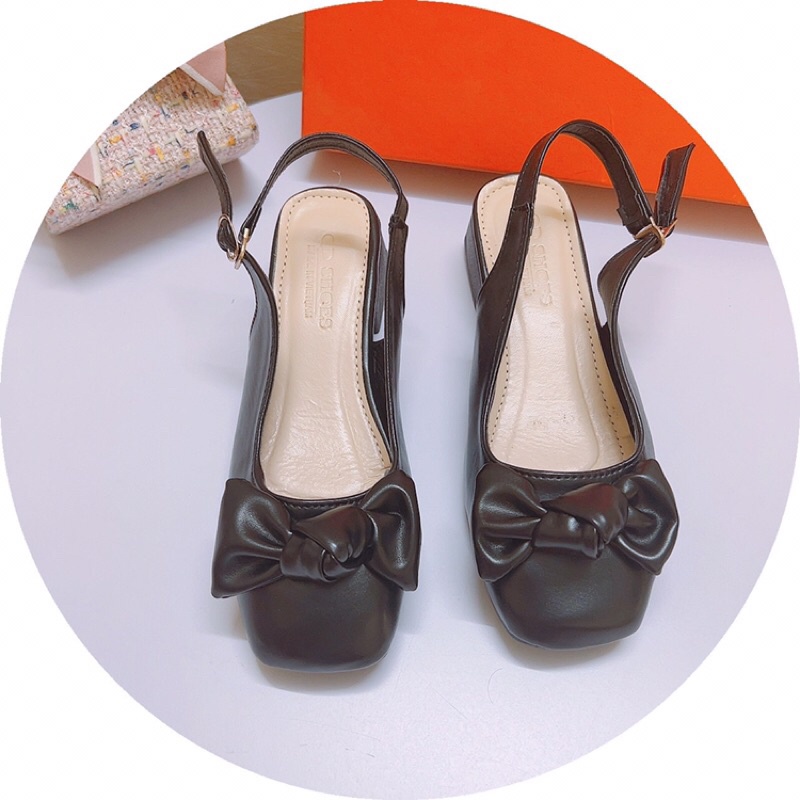 Giày sandal mũi vuông nơ ú gót vuông 3p bít mũi ảnh chụp thật
