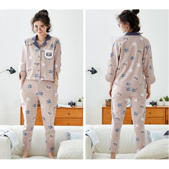 BỘ PIJAMA NỮ DÀI TAY style Hàn Quốc cotton 100% - Shop Thủy Bông-P2221