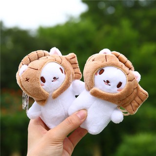 Móc khóa hình mèo trắng nhồi bông đội mũ bánh cá