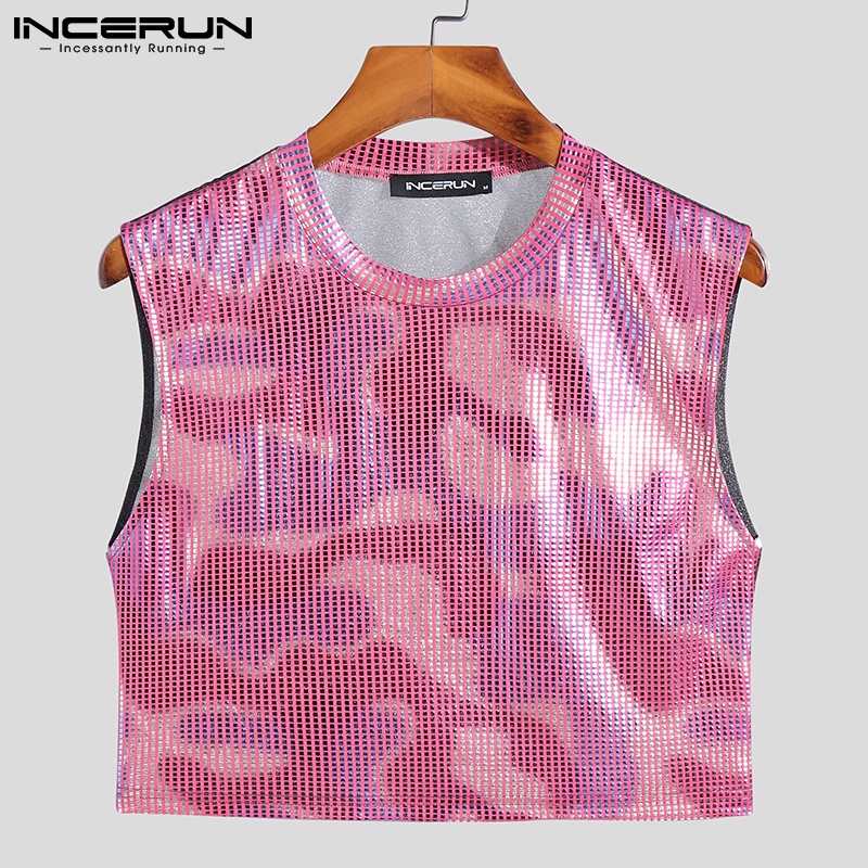 Áo croptop INCERUN sát nách cổ tròn đính kim sa lấp lánh thời trang dành cho nam