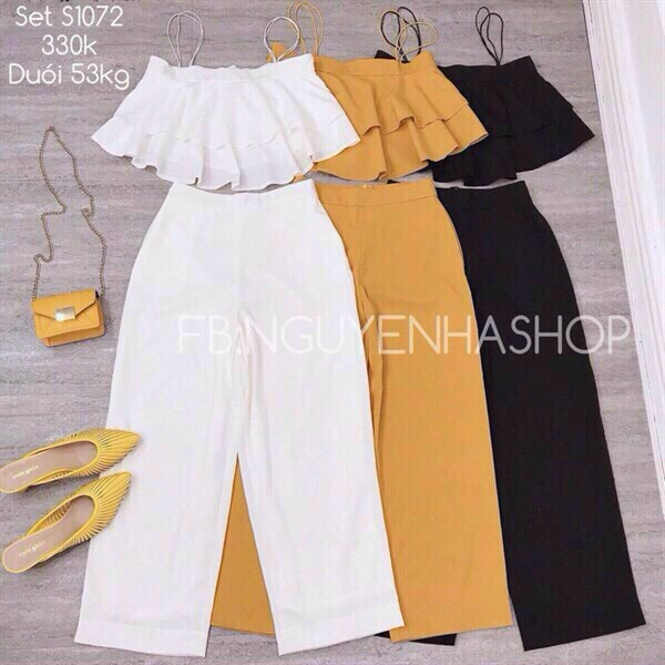 Set đồ 2 dây nữ form áo bồng phối quần ống đứng siêu đẹp, lịch sự đi chơi, dành cho nữ trưởng thành, thanh lịch