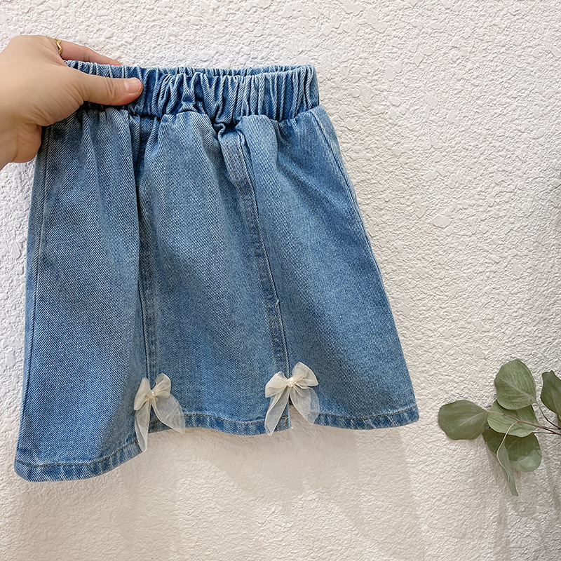 Chân Váy Denim Đính Nơ Kiểu Hàn Quốc Dễ Thương Cho Bé Gái 90-120