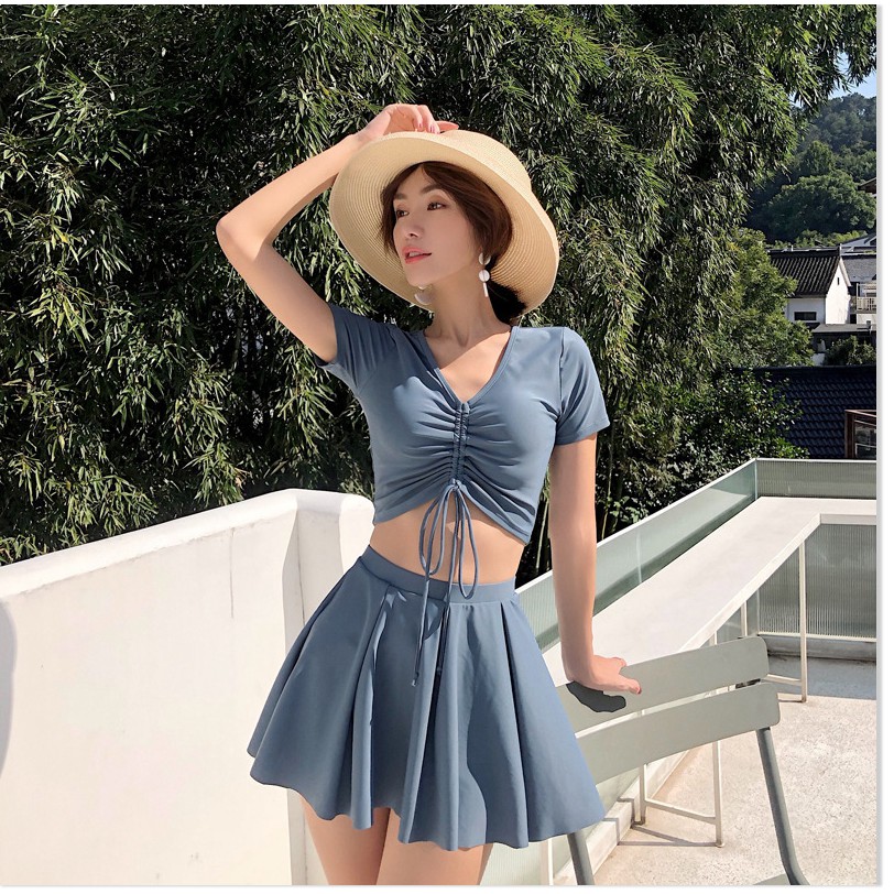 Bảo thủ áo tắm tách váy của phụ nữ hai mảnh phù hợp với dây rút kỳ nghỉ mùa xuân nóng sinh viên ngực nhỏ tập hợp bán buô