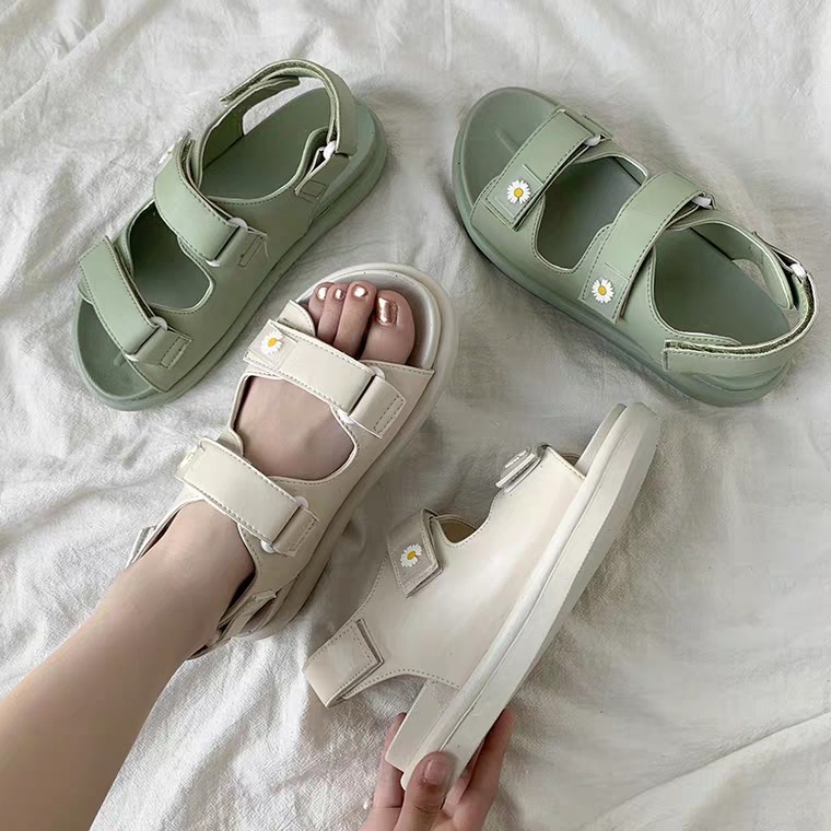 [CÓ SẴN] Giày sandal nữ hoa cúc quai bản ngang ULZZANG đế độn nâng cao 3 phân đi biển xanh/đen/kem đi chơi đi học đẹp