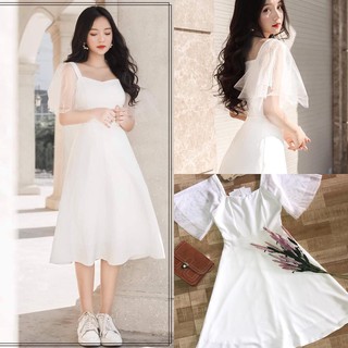 ĐẦM TRẮNG CỔ VUÔNG PHỐI TAY LƯỚI HOT