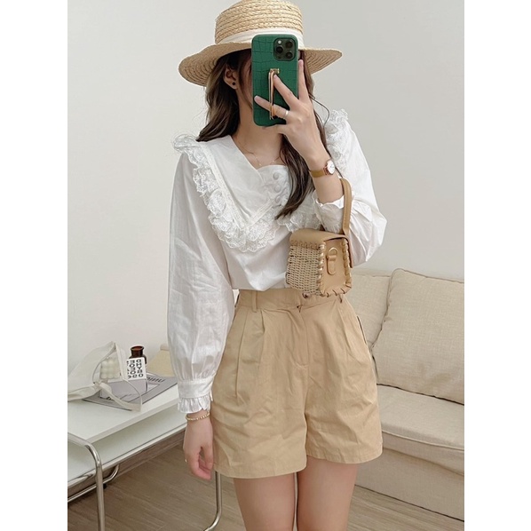 [HÀNG SẴN]ÁO SƠMI THÔ VIỀN REN CÚC BỌC TIỂU THƯ