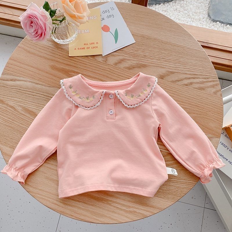Áo Sơ Mi Tay Dài Cổ Búp Bê Thêu Họa Tiết Thời Trang Nhật Hàn Cho Bé Gái 0-2 Tuổi