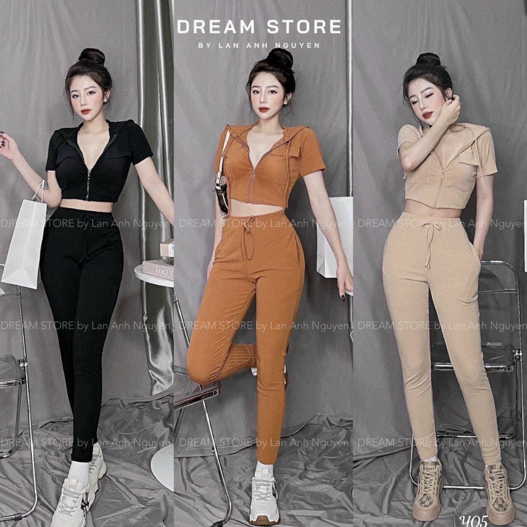 [set bộ] Set bộ 2 món áo và quần đi chơi quần dài ống túm kèm áo croptop kiểu nữ có dây kéo