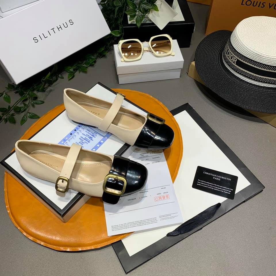 Giày bệt nữ ❤️FREESHIP❤️ Bệt Da Trơn Khuy Vuông Quai Ngang