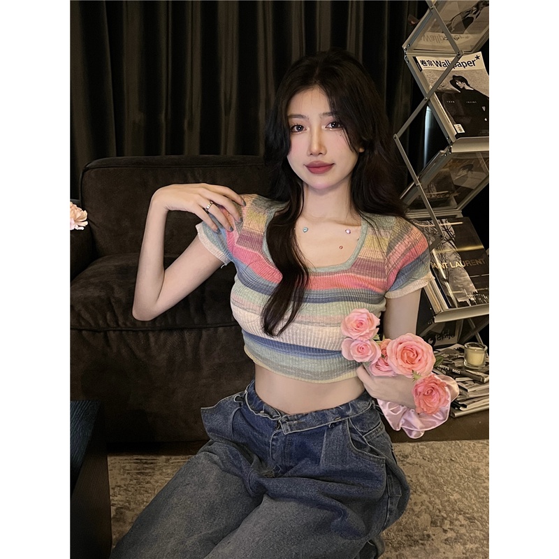 LALISAS Áo Thun Dệt Kim Cổ Vuông Họa Tiết Kẻ Sọc Thời Trang Hàn Quốc