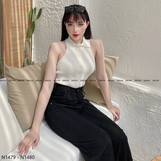 Áo yếm len cổ bẻ trơn màu tôn dáng