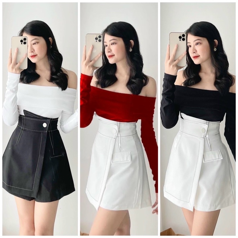 Set áo len bẹt vai kèm chân váy chéo viền chỉ đủ màu