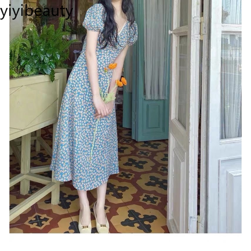 Đầm maxi tay phồng cổ chữ V in họa tiết hoa phong cách mùa hè 2020 thanh lịch | BigBuy360 - bigbuy360.vn