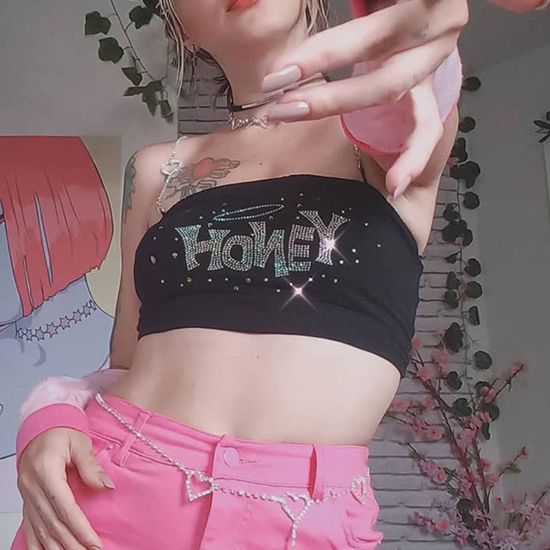 Brroa Áo Croptop Dây Xích Trái Tim Đính Đá Chữ Cái Không Tay Cho Nữ