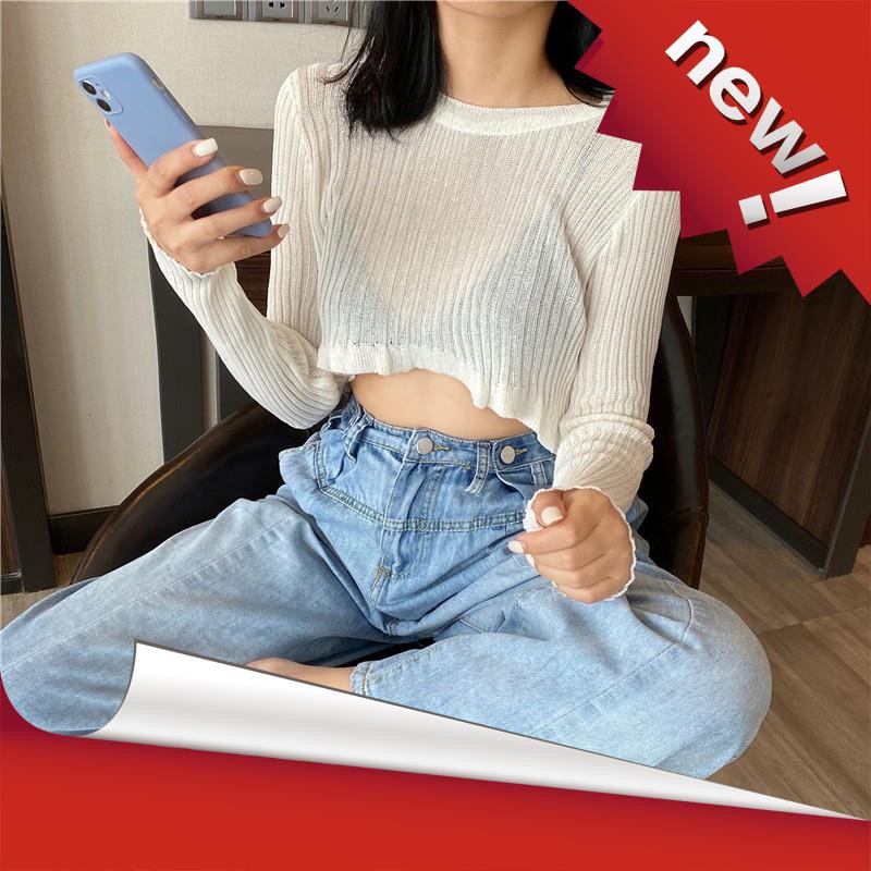 Áo thun croptop tay dài phong cách Hàn Quốc hợp thời trang cho nữ
