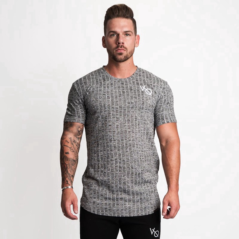 VQ Men's Cotton Sports Short-sleeved T-shirt Striped Breathable Jogging Fitness Shirt