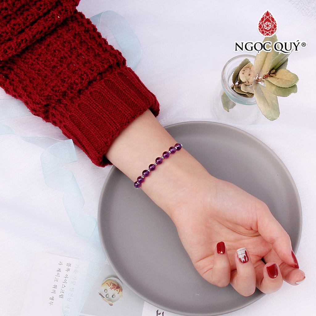 Vòng tay TA tím phối charm ống bạc - Ngọc Quý